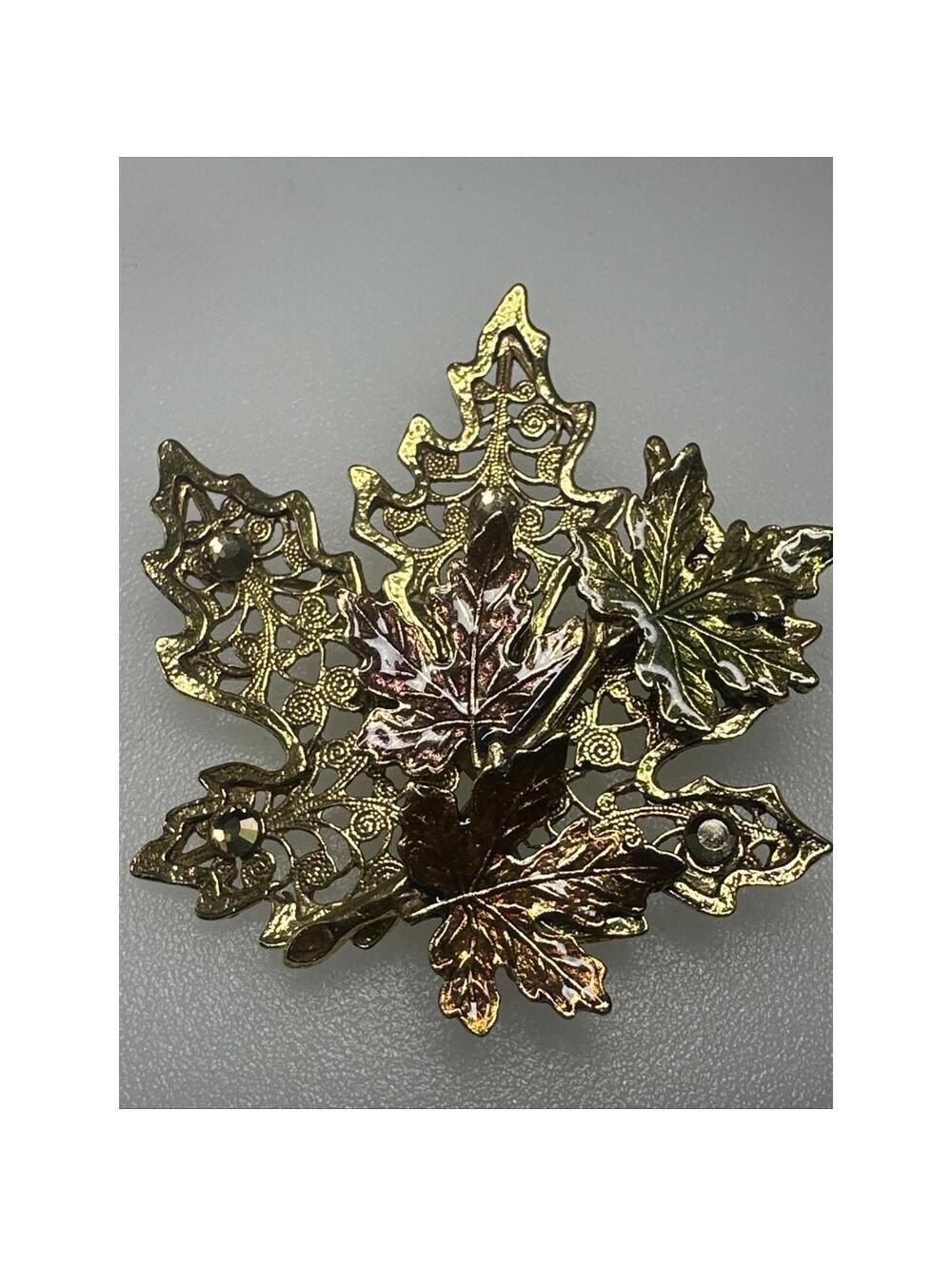 VTG Kenneth Cole KC Maple Leaves Gold Tone Enamel Rhinestones Brooch Pin Autumn